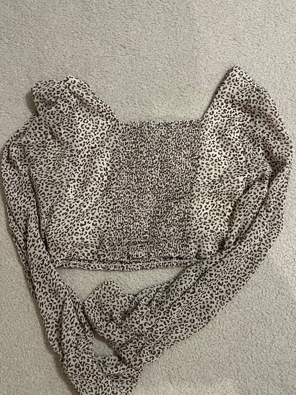 Leopard Print Smocked Long Sleeve Crop Top - Cream/Brown
